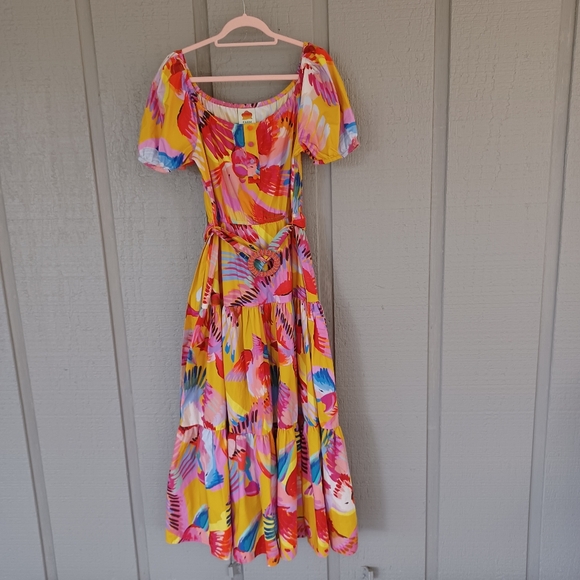 Farm Rio Neon Macaws Maxi Dress Size M Boho Women Cotton Short Sleeve Belted